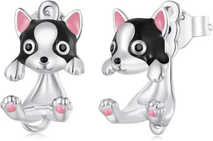 WOSTU 925 Sterling Silver Dog Stud Earrings - Cute Animal Puppy Hypoallergenic Drop Dangle Earrings - Boston Terrier Jewelry Gifts for Women and Pet Lovers