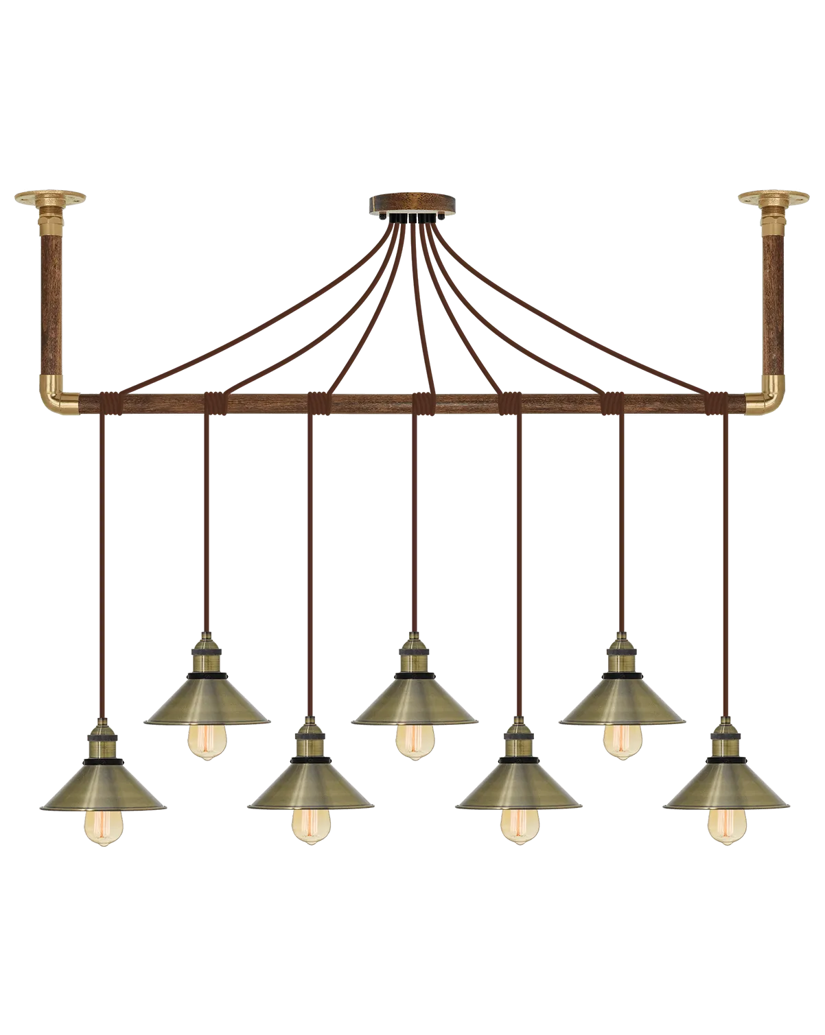 Wrap Chandelier: Brown and Antique Brass Shades