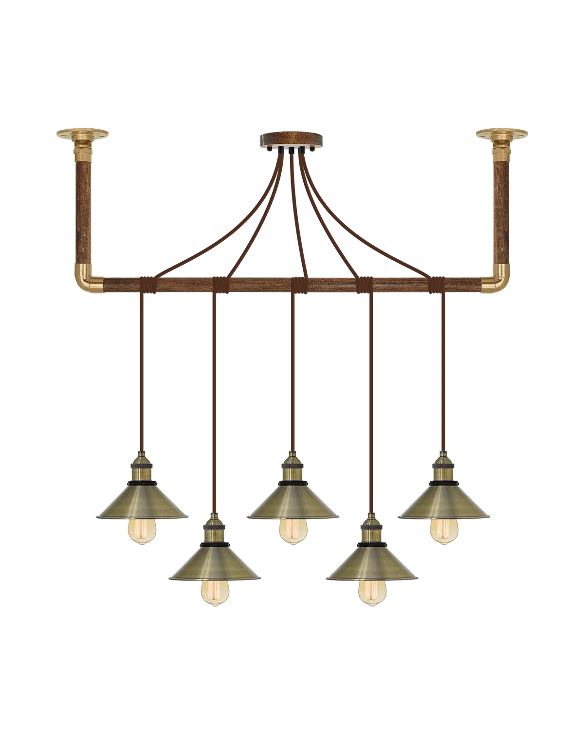Wrap Chandelier: Brown and Antique Brass Shades