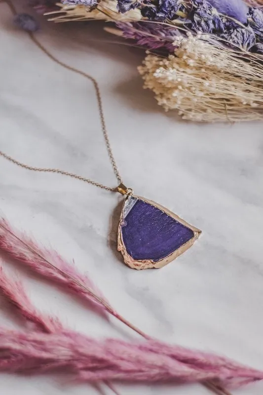 Xander Kostroma Gold Tone & Purple Agate Crystal Long Length Statement Necklace – 68cm, Handmade Unique Agate Pendant, Healing Crystal Jewelry for Women, Elegant Gift for Fashion Lovers