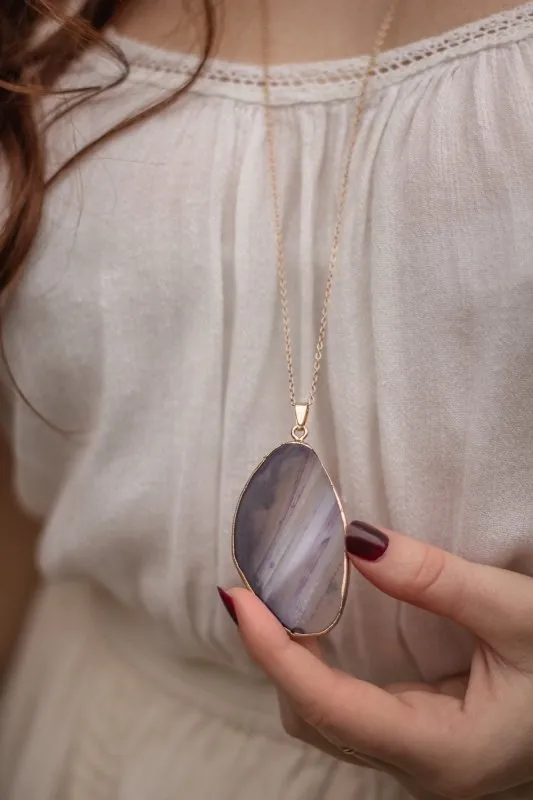 Xander Kostroma Gold Tone & Purple Agate Crystal Long Length Statement Necklace – 68cm, Handmade Unique Agate Pendant, Healing Crystal Jewelry for Women, Elegant Gift for Fashion Lovers