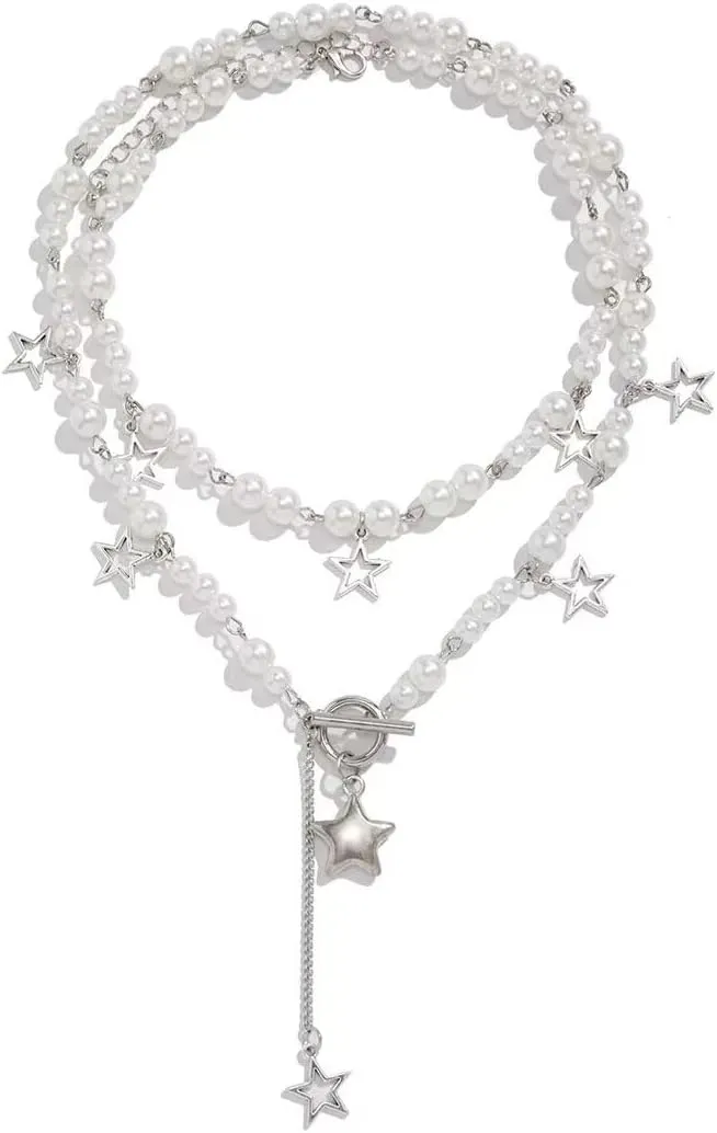 Y2k Necklace Hip Hop Star Choker Necklace Imitation Pearl Layered Five-Pointed Star Fashion Chain Simple For Women Chic Cool Punk Asymmetric Party Jewelry Gift Style 92 Pcs