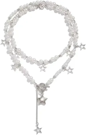 Y2k Necklace Hip Hop Star Choker Necklace Imitation Pearl Layered Five-Pointed Star Fashion Chain Simple For Women Chic Cool Punk Asymmetric Party Jewelry Gift Style 92 Pcs