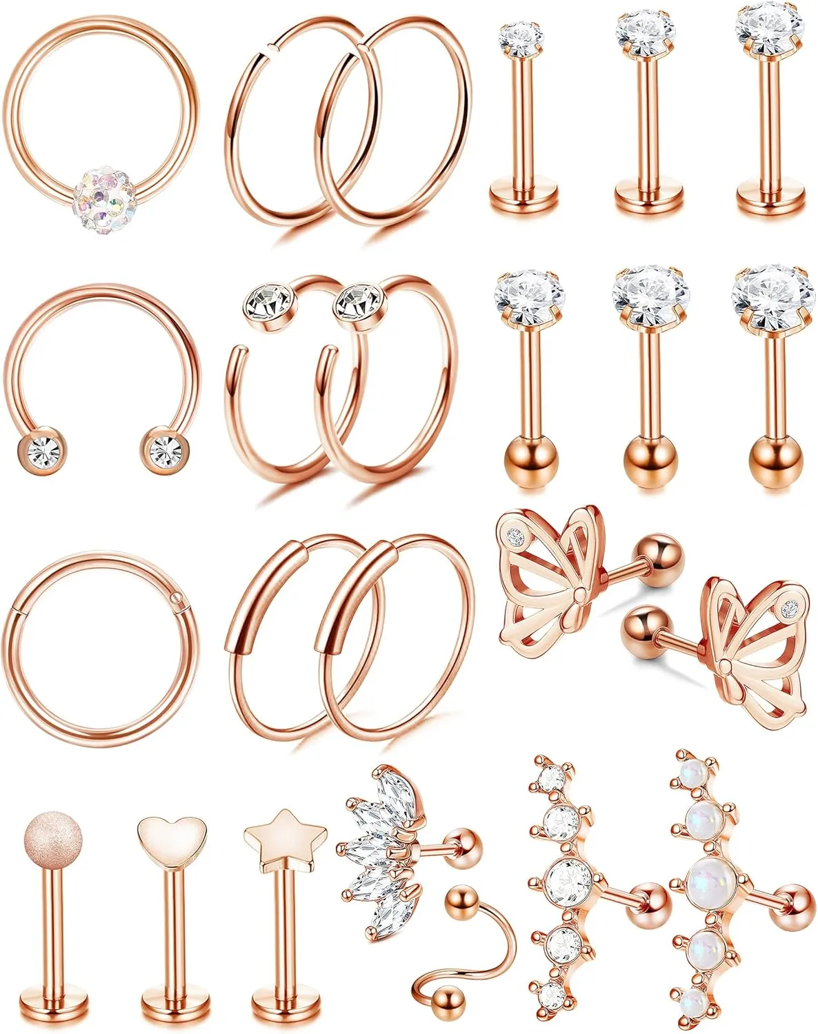 YADOCA 24PCS 16G Cartilage Earring for Women Men Surgical Steel Cartilage Stud Earring Hoop Set Lip Rings CZ Opal Hypollergenic Screw Back Earrings Helix Daith Conch Tragus Piercing Jewelry