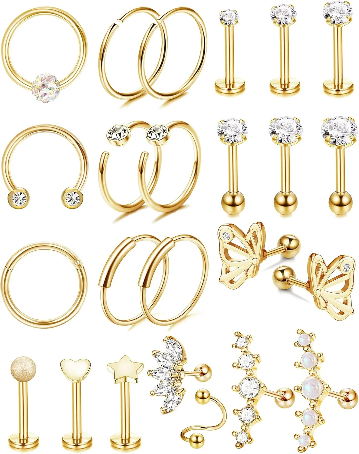 YADOCA 24PCS 16G Cartilage Earring for Women Men Surgical Steel Cartilage Stud Earring Hoop Set Lip Rings CZ Opal Hypollergenic Screw Back Earrings Helix Daith Conch Tragus Piercing Jewelry