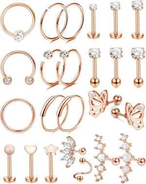 YADOCA 24PCS 16G Cartilage Earring for Women Men Surgical Steel Cartilage Stud Earring Hoop Set Lip Rings CZ Opal Hypollergenic Screw Back Earrings Helix Daith Conch Tragus Piercing Jewelry