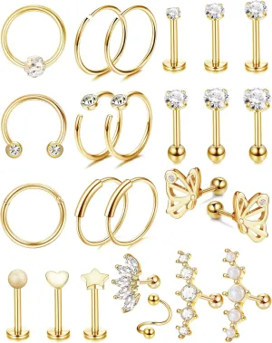 YADOCA 24PCS 16G Cartilage Earring for Women Men Surgical Steel Cartilage Stud Earring Hoop Set Lip Rings CZ Opal Hypollergenic Screw Back Earrings Helix Daith Conch Tragus Piercing Jewelry