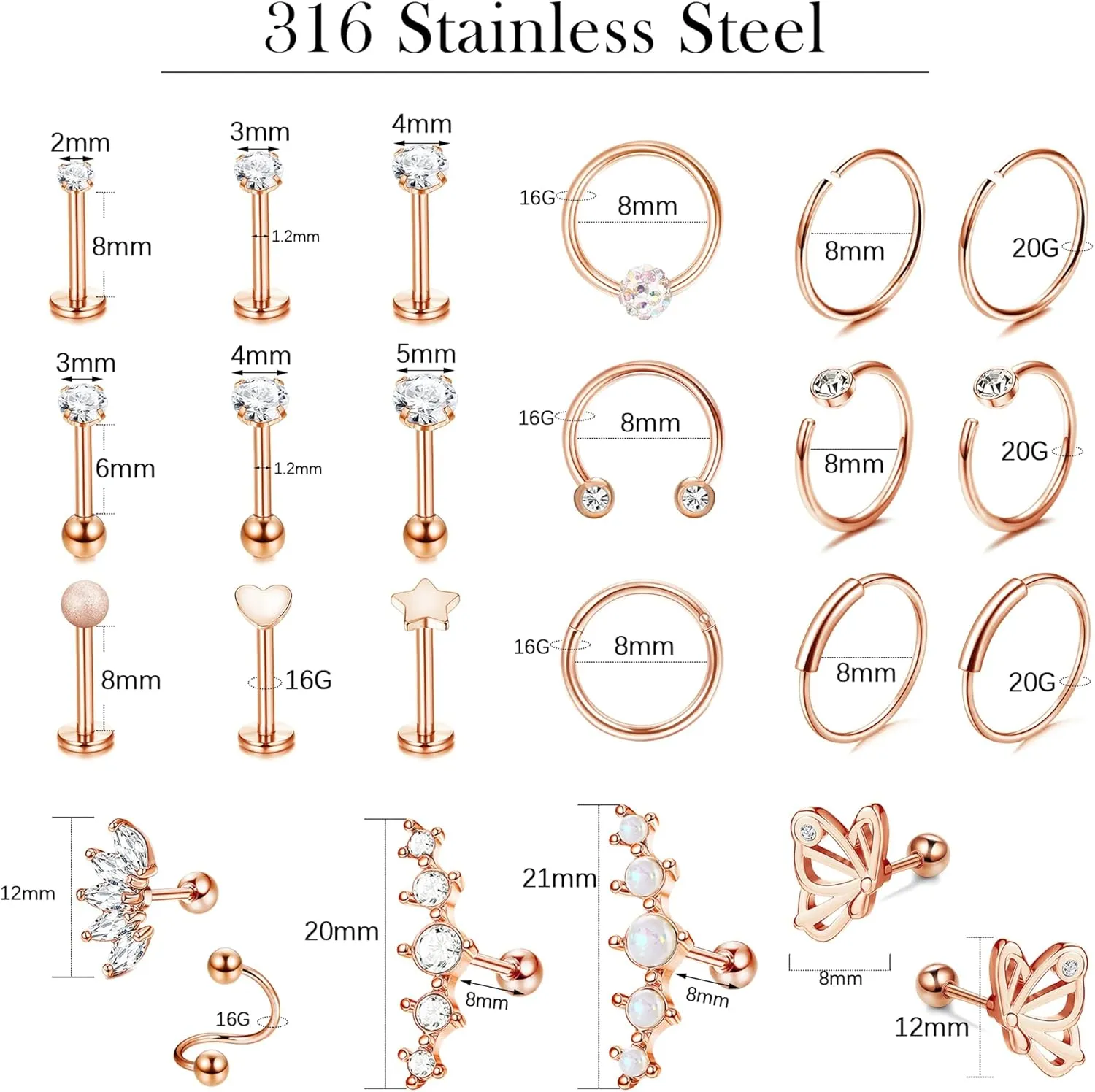 YADOCA 24PCS 16G Cartilage Earring for Women Men Surgical Steel Cartilage Stud Earring Hoop Set Lip Rings CZ Opal Hypollergenic Screw Back Earrings Helix Daith Conch Tragus Piercing Jewelry