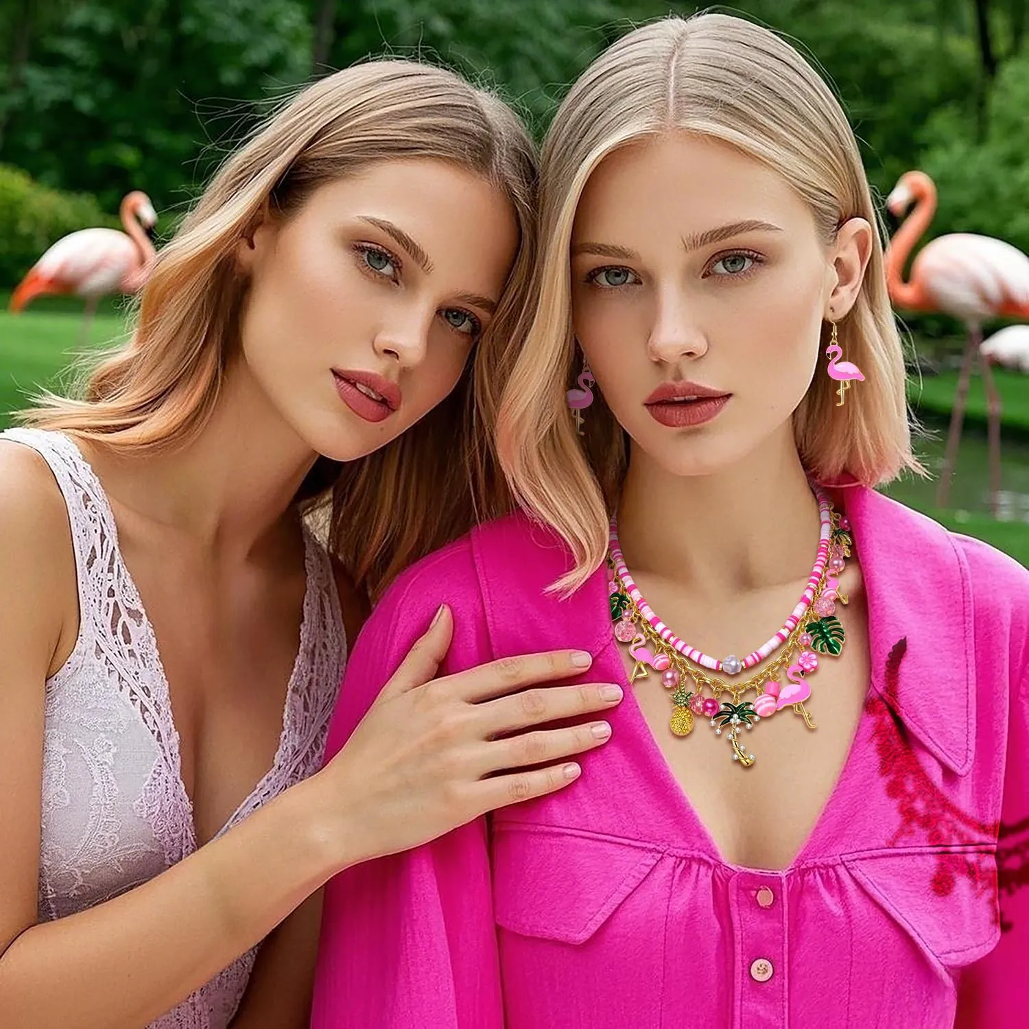 YAHPERN Flamingo Jewelry Set for Women Pink Flamingo Necklace Bracelet Earrings Coconut Tree Palm Leaves Choker Necklace Charm Bracelet Tropical Summer Beach Jewelry Accessories Gifts
