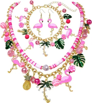 YAHPERN Flamingo Jewelry Set for Women Pink Flamingo Necklace Bracelet Earrings Coconut Tree Palm Leaves Choker Necklace Charm Bracelet Tropical Summer Beach Jewelry Accessories Gifts