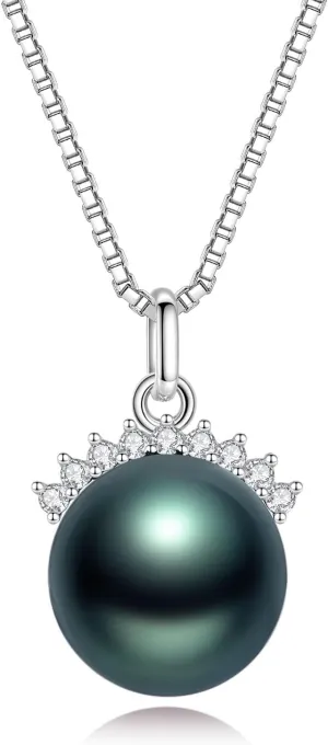 YAMI Tahitian Black Pearl Pendant Necklace for Women, S925 Sterling Silver with 11-12MM Saltwater Cultured Round Pearls, 18 2 Inch Adjustable Chain, Luxurious Birthday Jewelry Gifts for Mother Wife