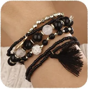 YERTTER Bohemian 6pcs Multi-Color Layered Beaded Stretch Stackable Bracelet Rice Beads Bracelet Pendant Tassel Bracelet Vintage Strand Bracelet Set for Women Girls