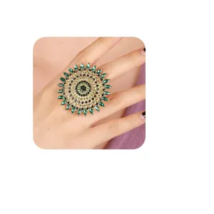 YERTTER Boho Gold Green Thick Big Round Gemstone Ring Crystal Ethnic Ring Women Statement Vintage Ring Adjustable Chic Rhinestone Band Ring for Wedding Women Brides Gold Green