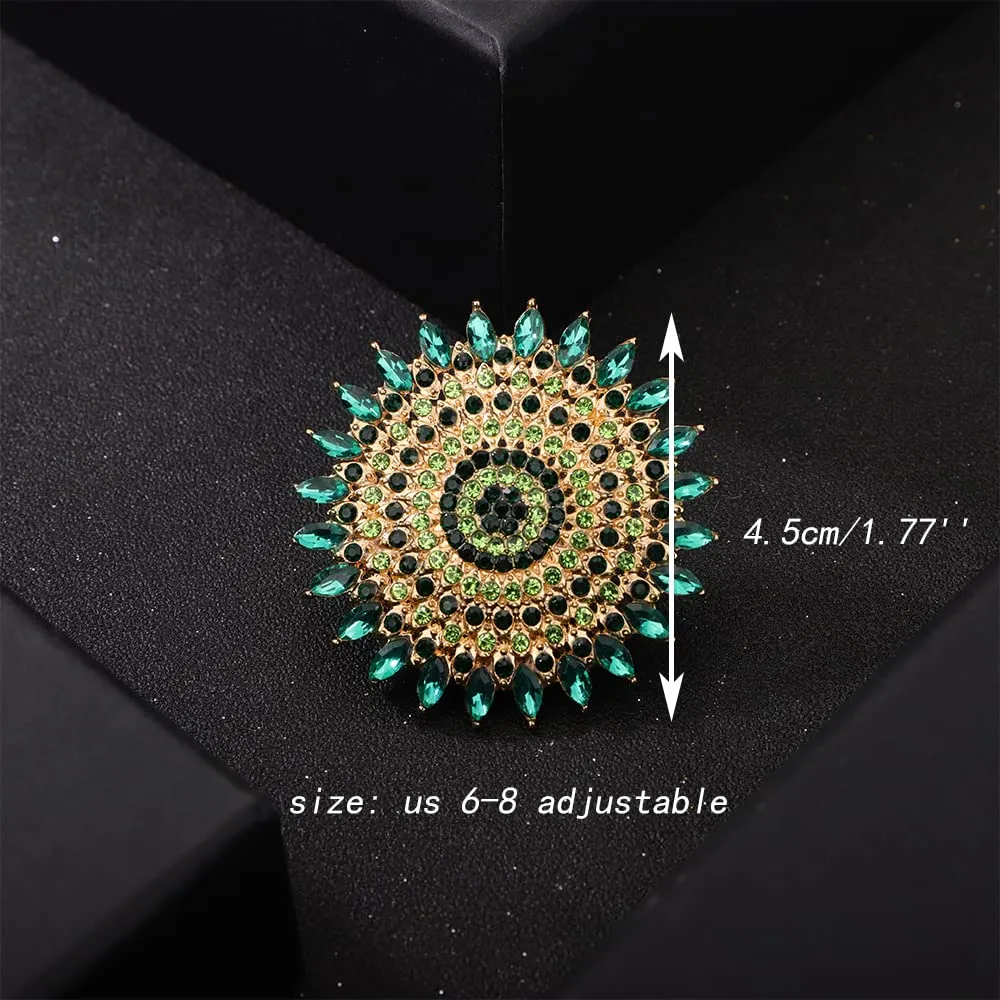 YERTTER Boho Gold Green Thick Big Round Gemstone Ring Crystal Ethnic Ring Women Statement Vintage Ring Adjustable Chic Rhinestone Band Ring for Wedding Women Brides Gold Green