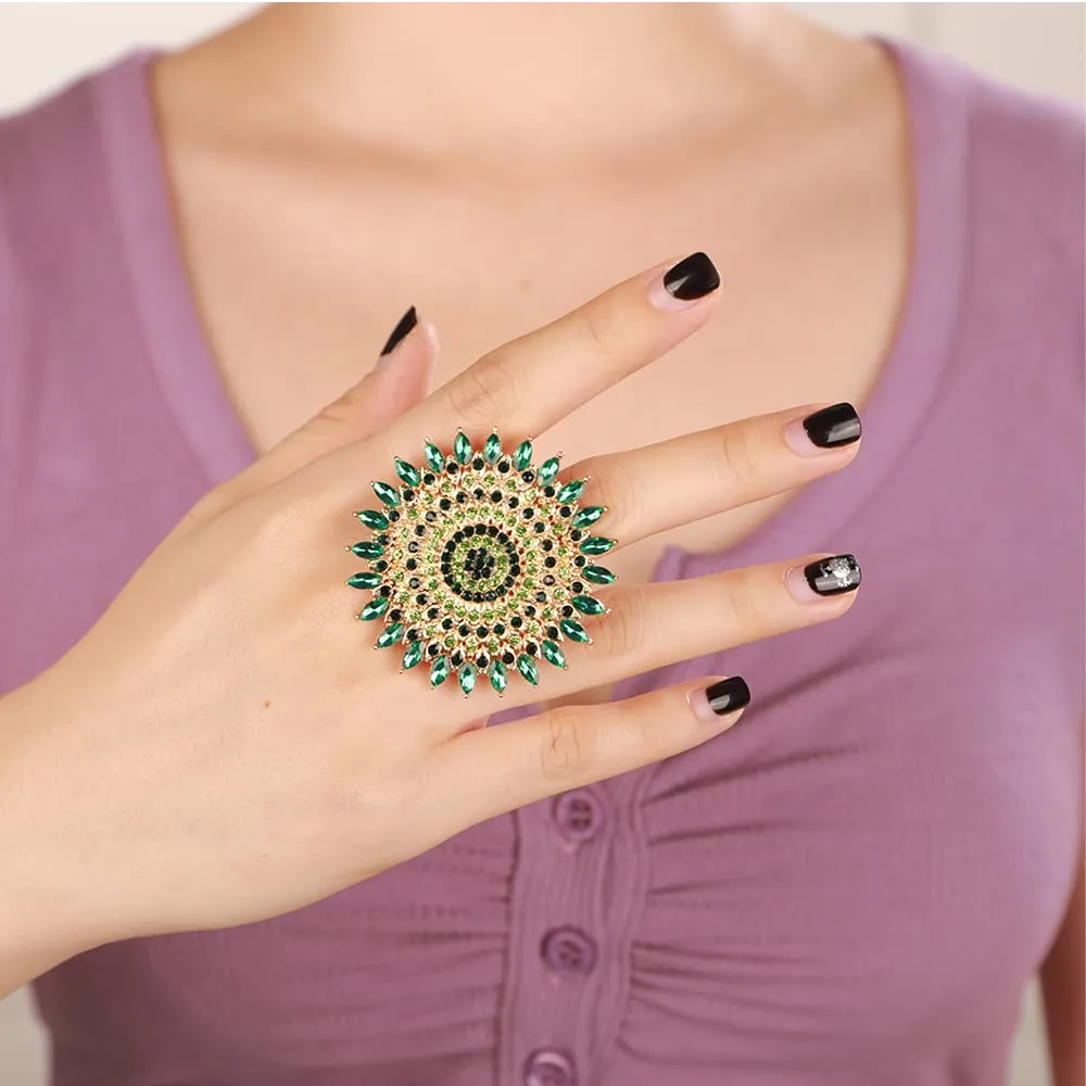 YERTTER Boho Gold Green Thick Big Round Gemstone Ring Crystal Ethnic Ring Women Statement Vintage Ring Adjustable Chic Rhinestone Band Ring for Wedding Women Brides Gold Green