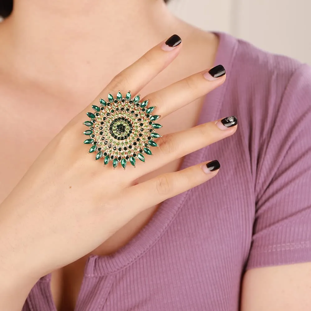 YERTTER Boho Gold Green Thick Big Round Gemstone Ring Crystal Ethnic Ring Women Statement Vintage Ring Adjustable Chic Rhinestone Band Ring for Wedding Women Brides Gold Green