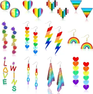 Yinkin 12 Pairs Rainbow Gay Pride Earrings LGBTQ Mesh Drop Clip on Lightweight Chain Rainbow Dangle Round Heart Lightning Drop Earrings for Women Men
