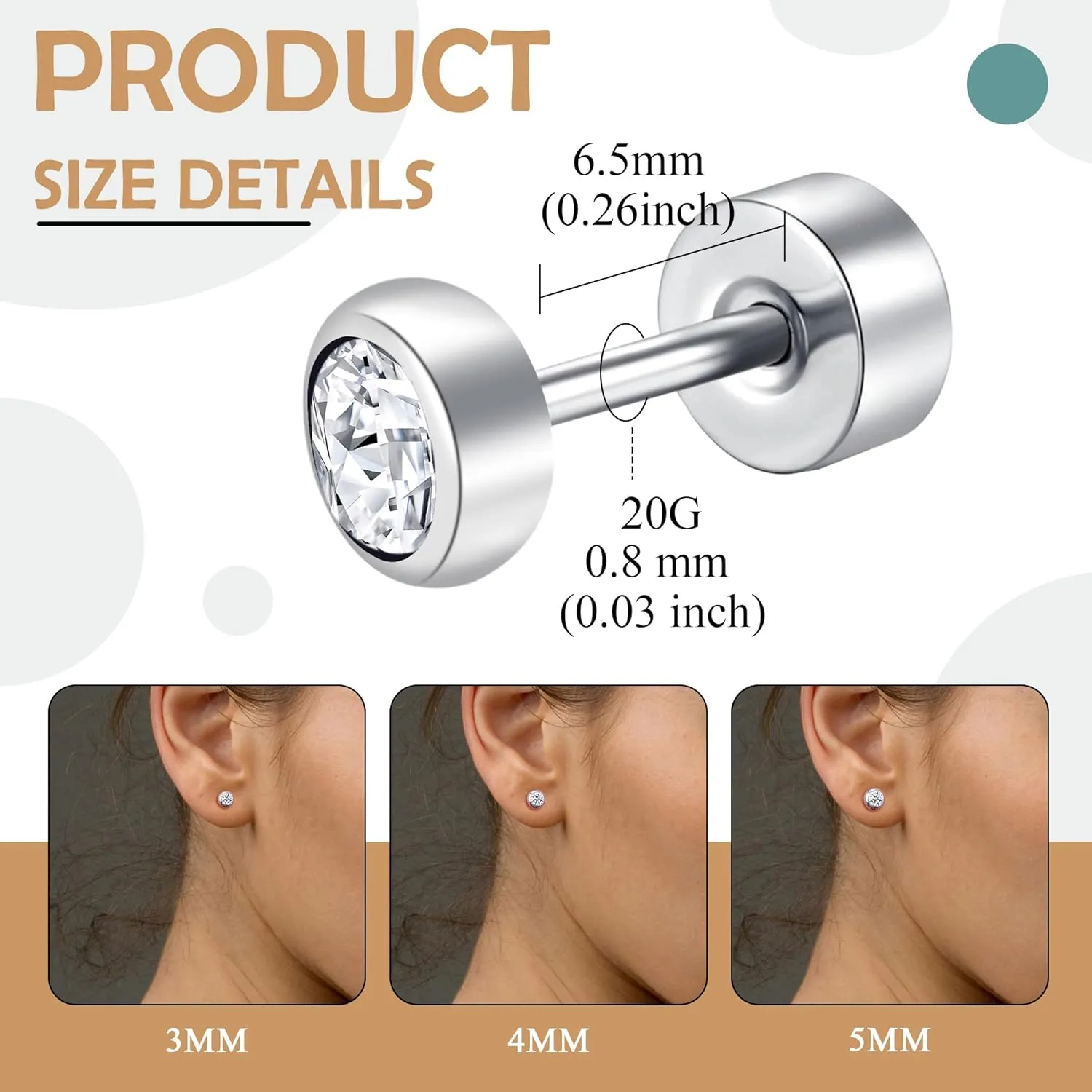 ZDE Titanium Women Flatback Earrings for Women Crystal Silver Stud Earrings Flat Back Earrings Hypoallergenic Cartilage Earring Helix Tragus Conch Piercing 3mm-5mm
