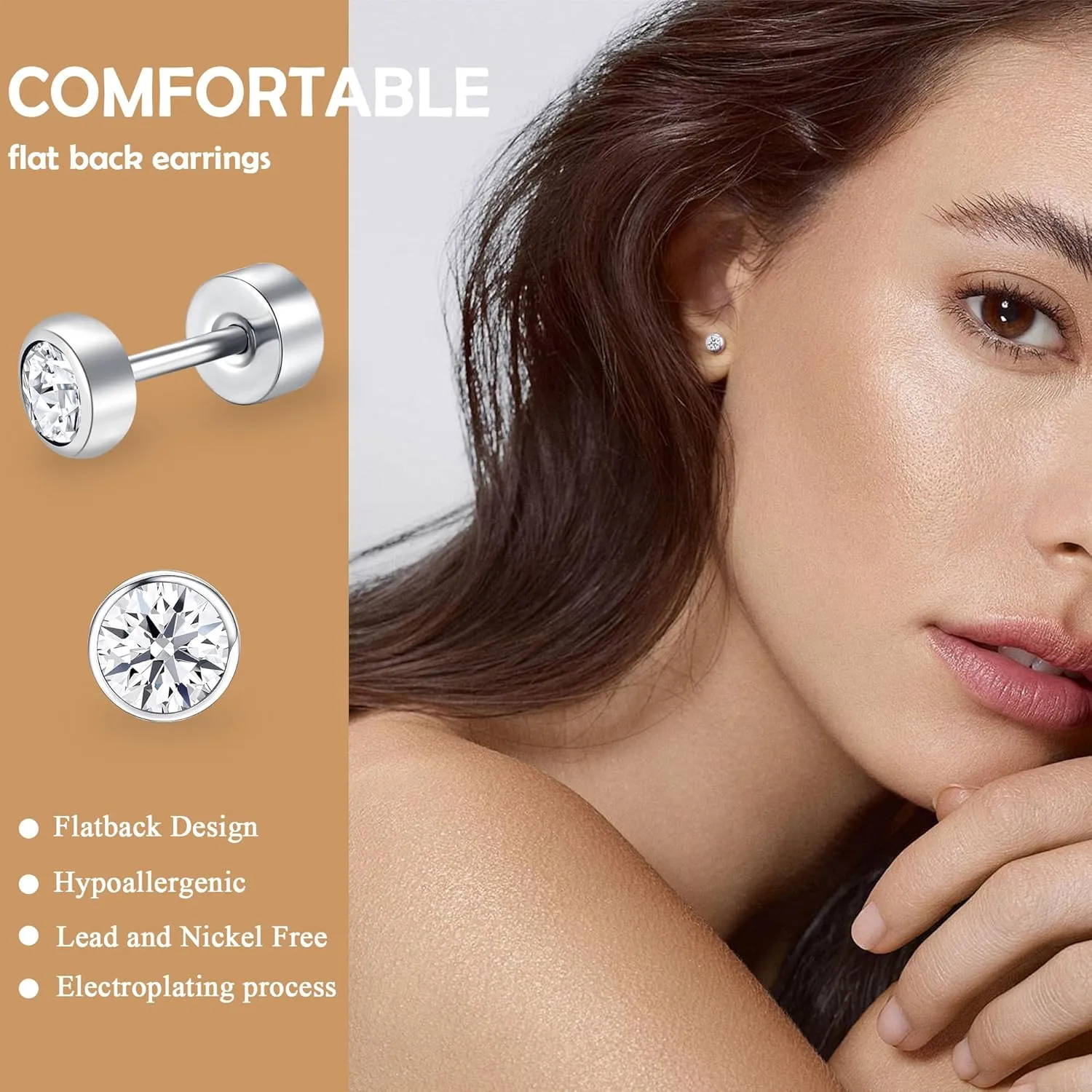 ZDE Titanium Women Flatback Earrings for Women Crystal Silver Stud Earrings Flat Back Earrings Hypoallergenic Cartilage Earring Helix Tragus Conch Piercing 3mm-5mm