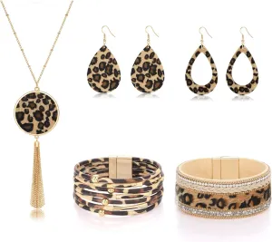 ZOLEAROPY Statement Leopard Jewelry Set For Women Multi Leopard Leather Wrap Bracelet Teardrop Leather Earrings Long Tassel Round Pendant Necklace Set